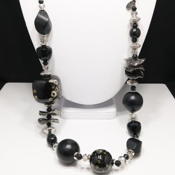 Long Black Art Glass & Wooden Beaded Mesh Necklace, 34 Inches, Signed CJ Banks - Picture 4 of 8